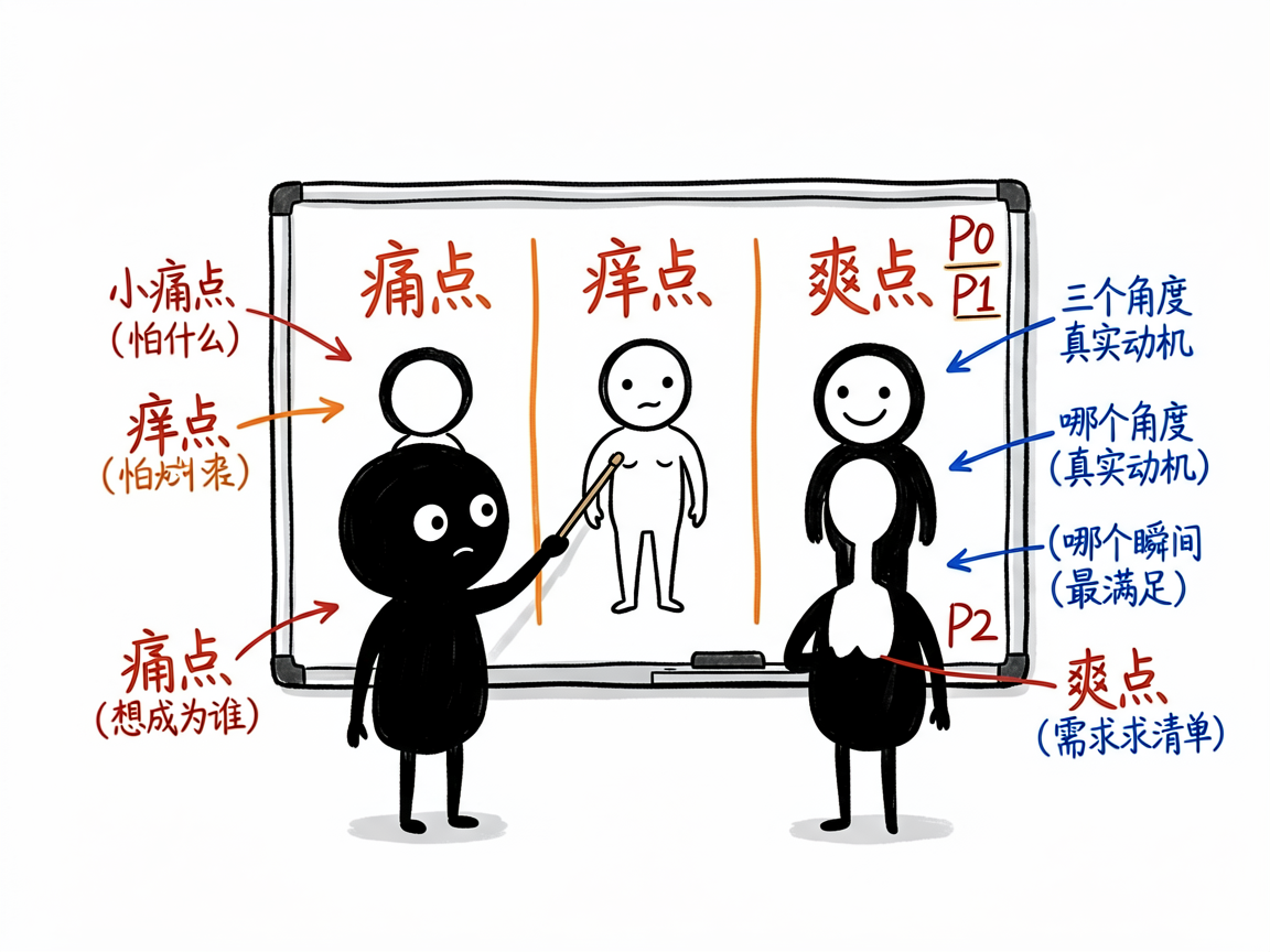 配图:小黑指白板三列痛点痒点爽点,标P0优先