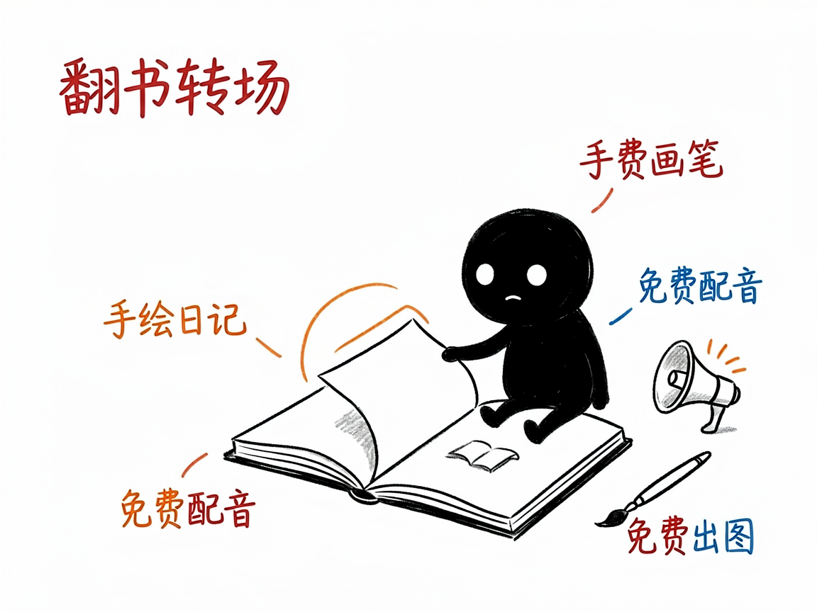 配图：翻书转场的手绘日记，免费出图配音